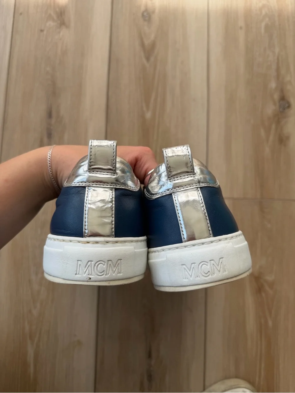 MCM Men's Navy and Cream Leather Low-Top Sneakers